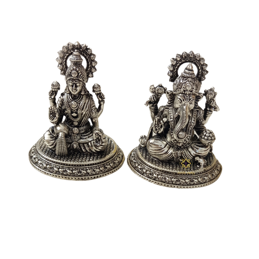 Shubh Sampatti Silver Set – Twin Brass Idols of Wealth & Wisdom – Brass | Pooja Decor | Diwali Gifting | Home Decor | Wedding Gift