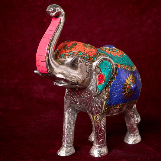 Raj Vilas Hathi – Silver Finish Metal Elephant with Handcrafted Stonework – Pooja Decor | Dining Table Use | Premium Gifting | Home Decor | Vastu Decor | Feng Shui