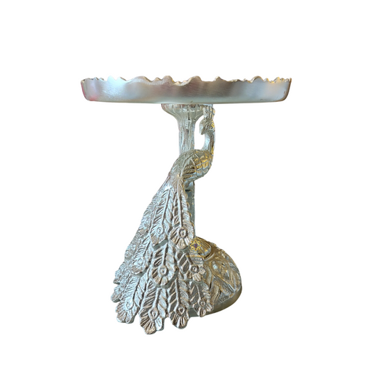 Imperial Peacock Platter – Silver-Finish Stand with Ornate Detailing for Cakes & Sweets – Dining Table Use | Diwali Gifting | Home Decor | Housewarming Gift | Wedding Gift
