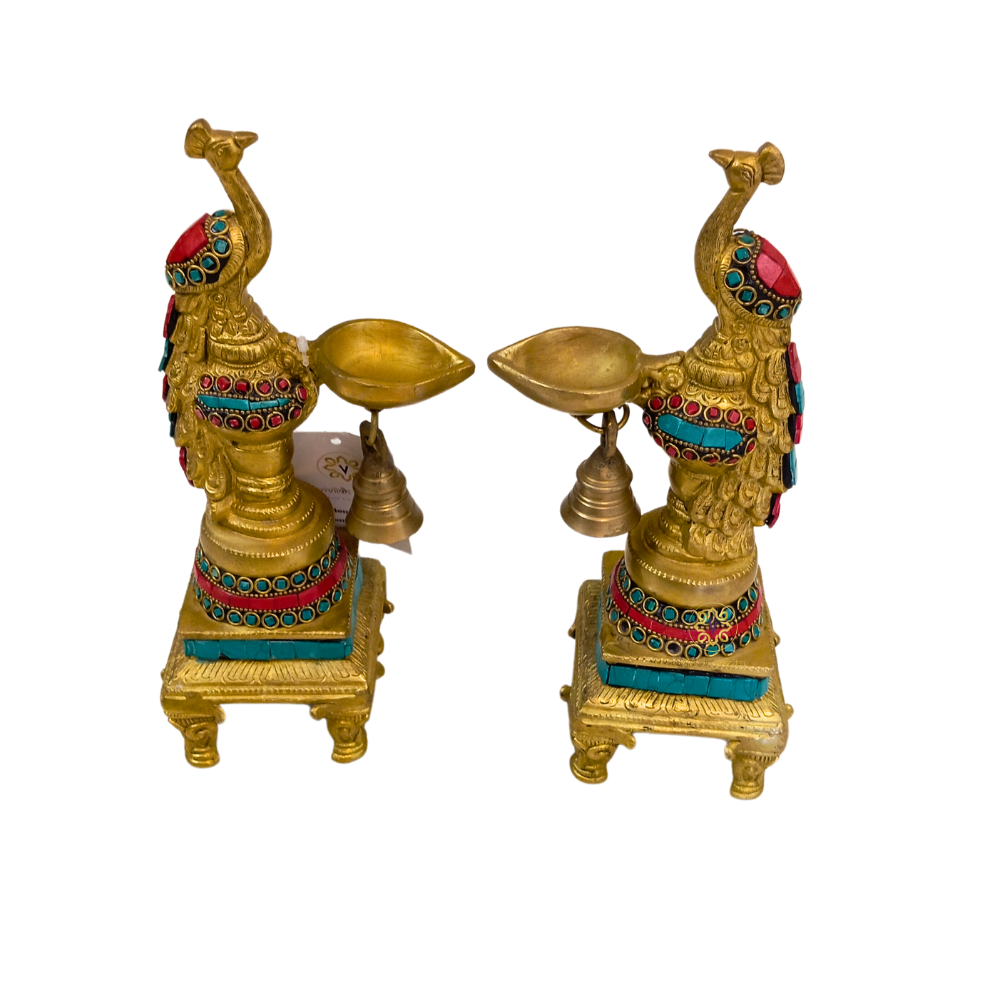 DivyaMor Diya – Pure Brass Peacock Diya with Stone Work – Brass | Pooja Items | Diwali Gifting | Home Decor | Housewarming Gift