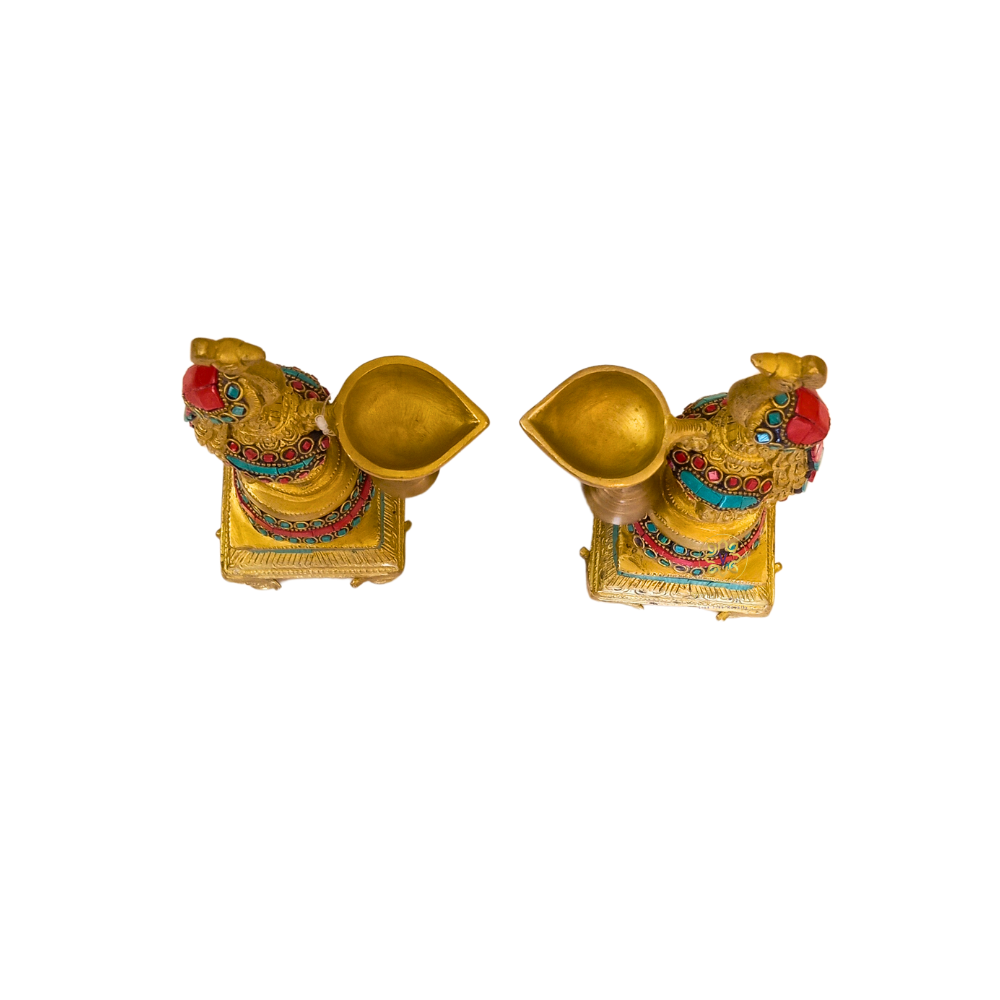 DivyaMor Diya – Pure Brass Peacock Diya with Stone Work – Brass | Pooja Items | Diwali Gifting | Home Decor | Housewarming Gift