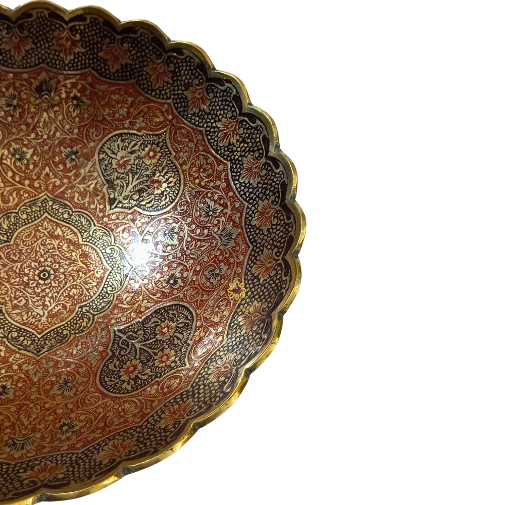 Kshitij Kala Thaal – Horizon-Hued Brass Platter with Ornate Red & Black Detailing (Flat Platter) – Brass | Diwali Gifting | Home Decor | Housewarming Gift | Corporate Gifting