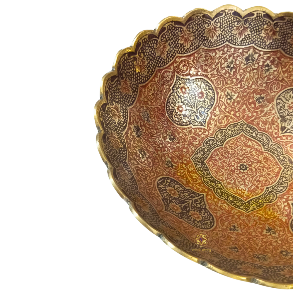 Kshitij Kala Thaal – Horizon-Hued Brass Platter with Ornate Red & Black Detailing (Flat Platter) – Brass | Diwali Gifting | Home Decor | Housewarming Gift | Corporate Gifting