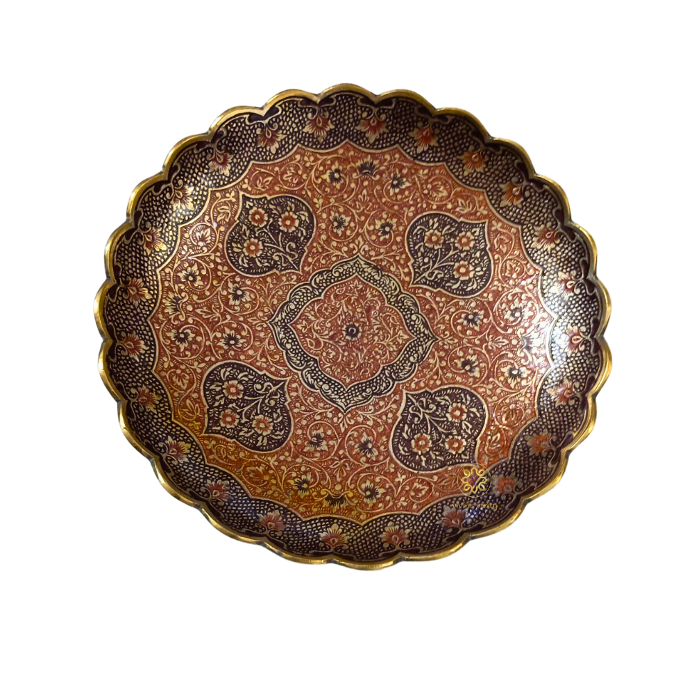 Kshitij Kala Thaal – Horizon-Hued Brass Platter with Ornate Red & Black Detailing (Flat Platter) – Brass | Diwali Gifting | Home Decor | Housewarming Gift | Corporate Gifting
