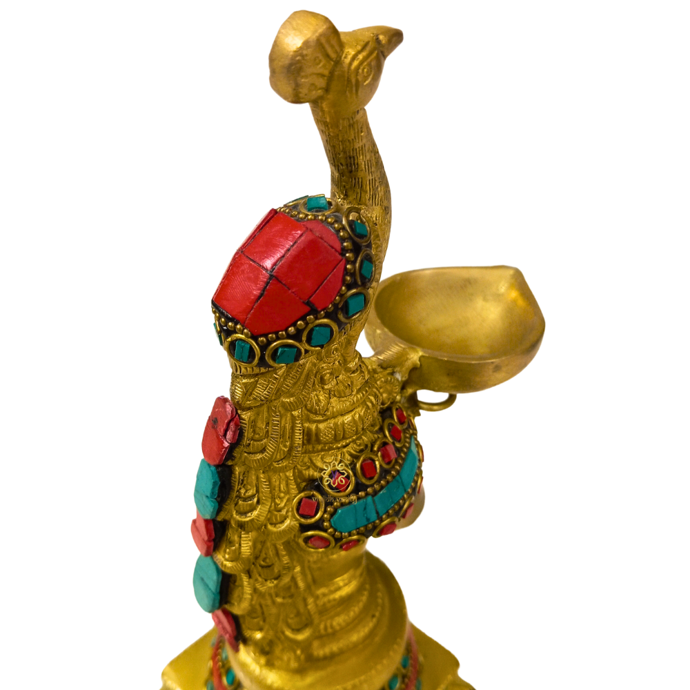 DivyaMor Diya – Pure Brass Peacock Diya with Stone Work – Brass | Pooja Items | Diwali Gifting | Home Decor | Housewarming Gift