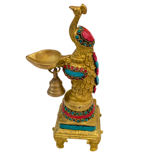 DivyaMor Diya – Pure Brass Peacock Diya with Stone Work – Brass | Pooja Items | Diwali Gifting | Home Decor | Housewarming Gift