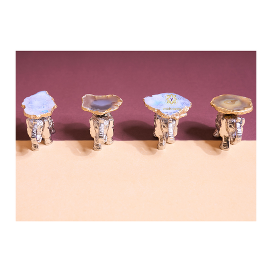 Glimmer Tusks - Silver Finish Metal Elephant Candle Holder Set of 4 with Agate base – Dining Table Use | Housewarming Gifting | Home DecorHolder Set of 4 with Agate base