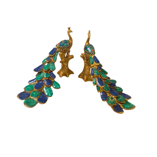 Vaikuntha Mayur – Majestic Pair of Pure Brass Peacocks with Malachite Stone Work – Brass | Diwali Gifting | Home Decor | Housewarming Gift | Corporate Gifting