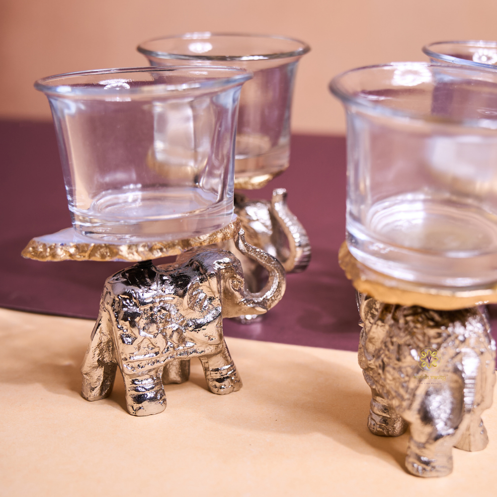 Glimmer Tusks - Silver Finish Metal Elephant Candle Holder Set of 4 with Agate base – Dining Table Use | Housewarming Gifting | Home DecorHolder Set of 4 with Agate base