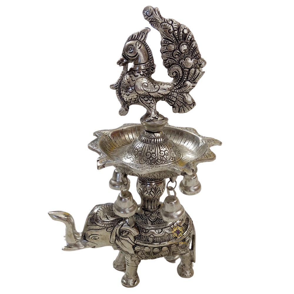 Gaj Mayur Samai – German Silver Traditional Lamp with Elephant Base & Peacock Finial – Diwali Gifting | Pooja Decor | Home Decor | Housewarming Gift | Wedding Gift
