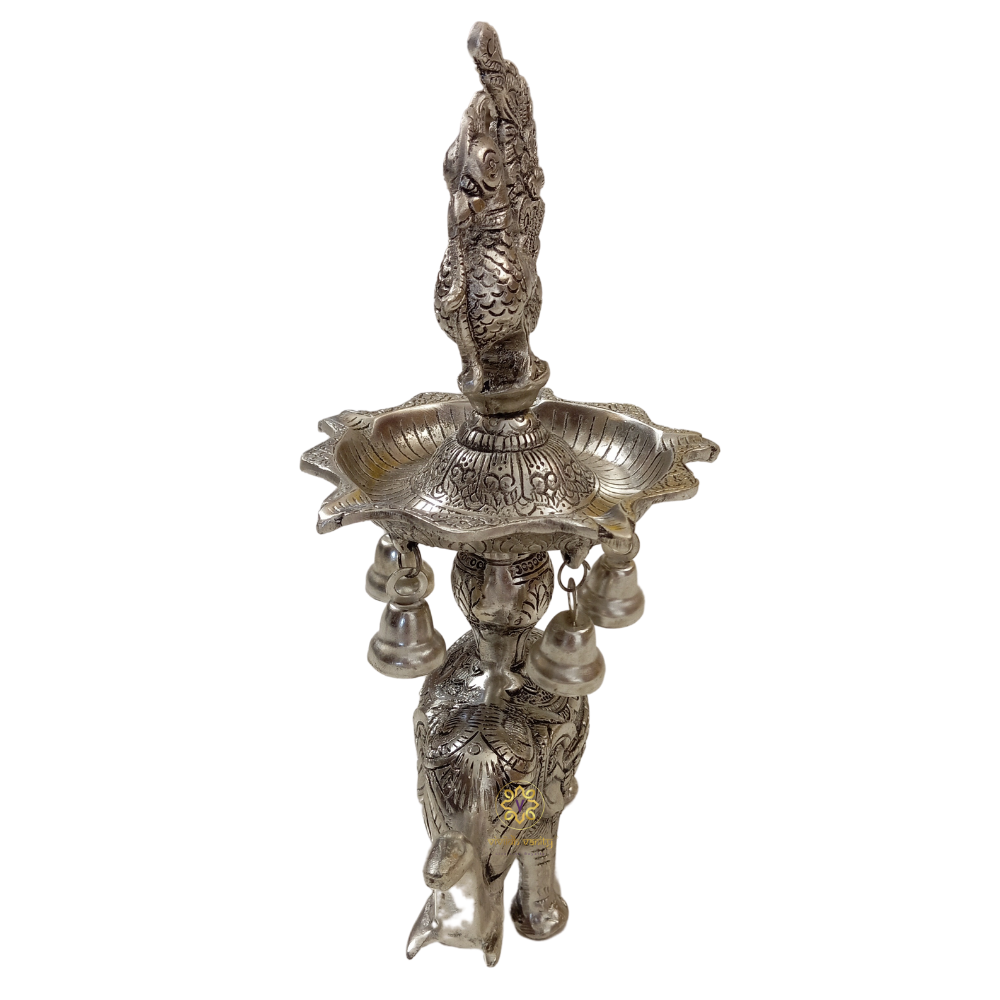 Gaj Mayur Samai – German Silver Traditional Lamp with Elephant Base & Peacock Finial – Diwali Gifting | Pooja Decor | Home Decor | Housewarming Gift | Wedding Gift