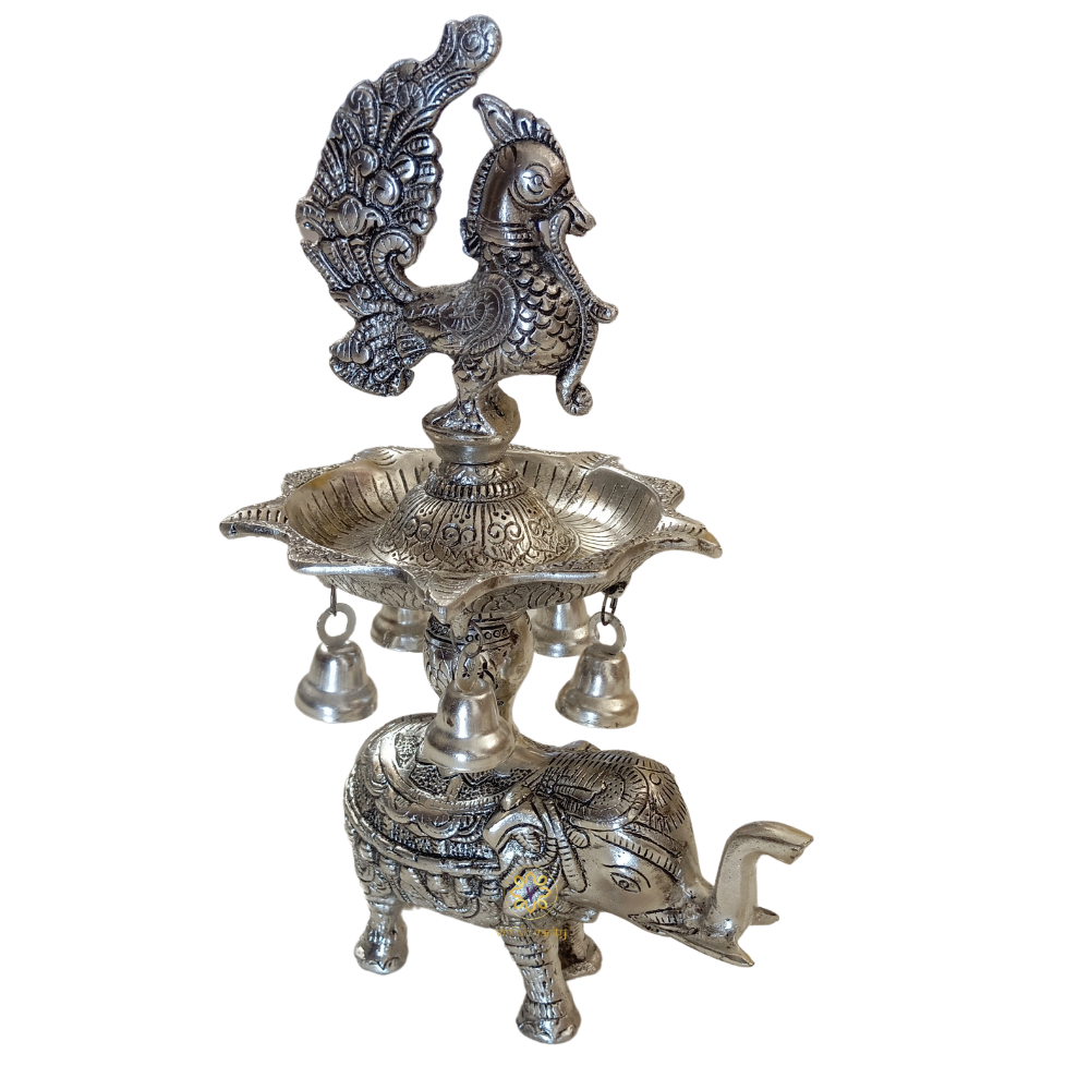 Gaj Mayur Samai – German Silver Traditional Lamp with Elephant Base & Peacock Finial – Diwali Gifting | Pooja Decor | Home Decor | Housewarming Gift | Wedding Gift