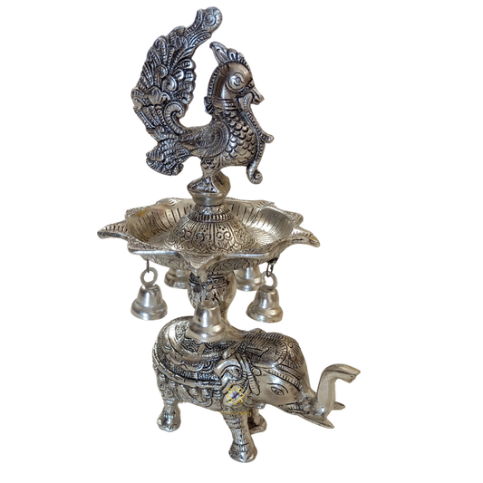 Gaj Mayur Samai – German Silver Traditional Lamp with Elephant Base & Peacock Finial – Diwali Gifting | Pooja Decor | Home Decor | Housewarming Gift | Wedding Gift