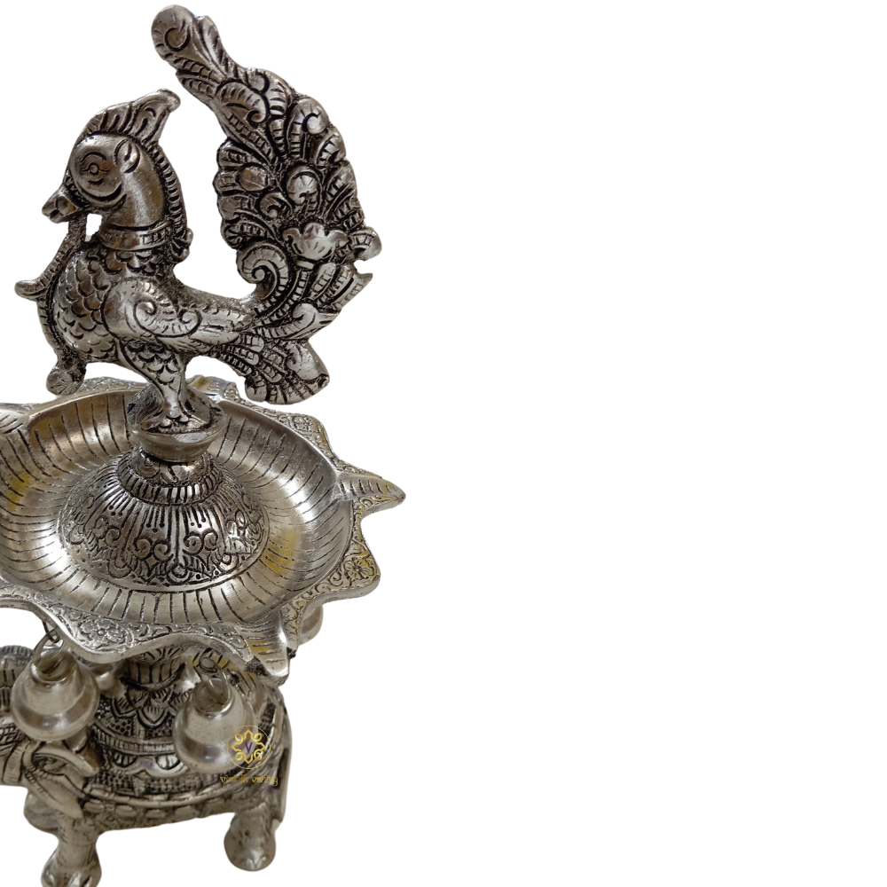 Gaj Mayur Samai – German Silver Traditional Lamp with Elephant Base & Peacock Finial – Diwali Gifting | Pooja Decor | Home Decor | Housewarming Gift | Wedding Gift