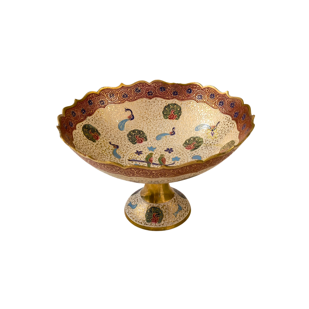 ShwetMeenakshi Bowl – Brass Pedestal Bowl with White Meenakari & Peacock Motifs – Brass | Diwali Gifting | Home Decor | Housewarming Gift | Corporate Gifting