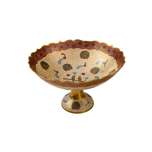 ShwetMeenakshi Bowl – Brass Pedestal Bowl with White Meenakari & Peacock Motifs – Brass | Diwali Gifting | Home Decor | Housewarming Gift | Corporate Gifting