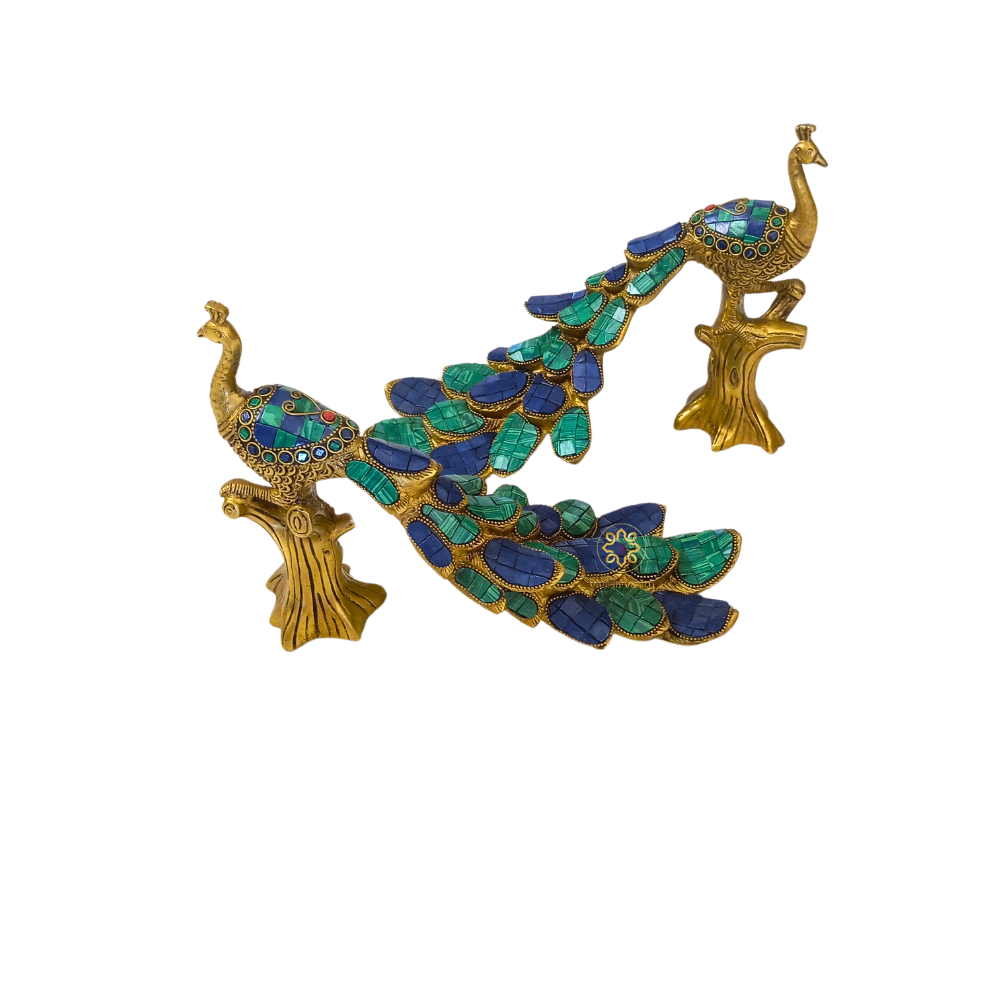 Vaikuntha Mayur – Majestic Pair of Pure Brass Peacocks with Malachite Stone Work – Brass | Diwali Gifting | Home Decor | Housewarming Gift | Corporate Gifting