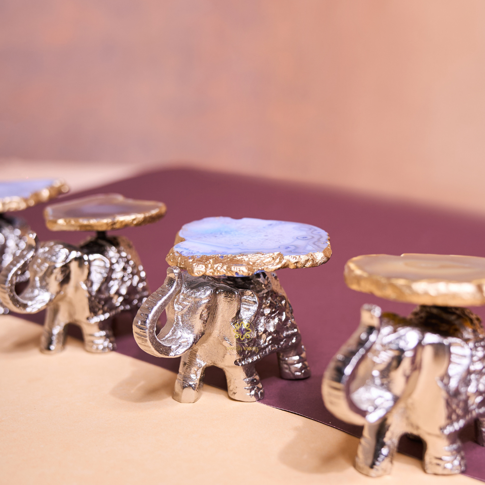 Glimmer Tusks - Silver Finish Metal Elephant Candle Holder Set of 4 with Agate base – Dining Table Use | Housewarming Gifting | Home DecorHolder Set of 4 with Agate base