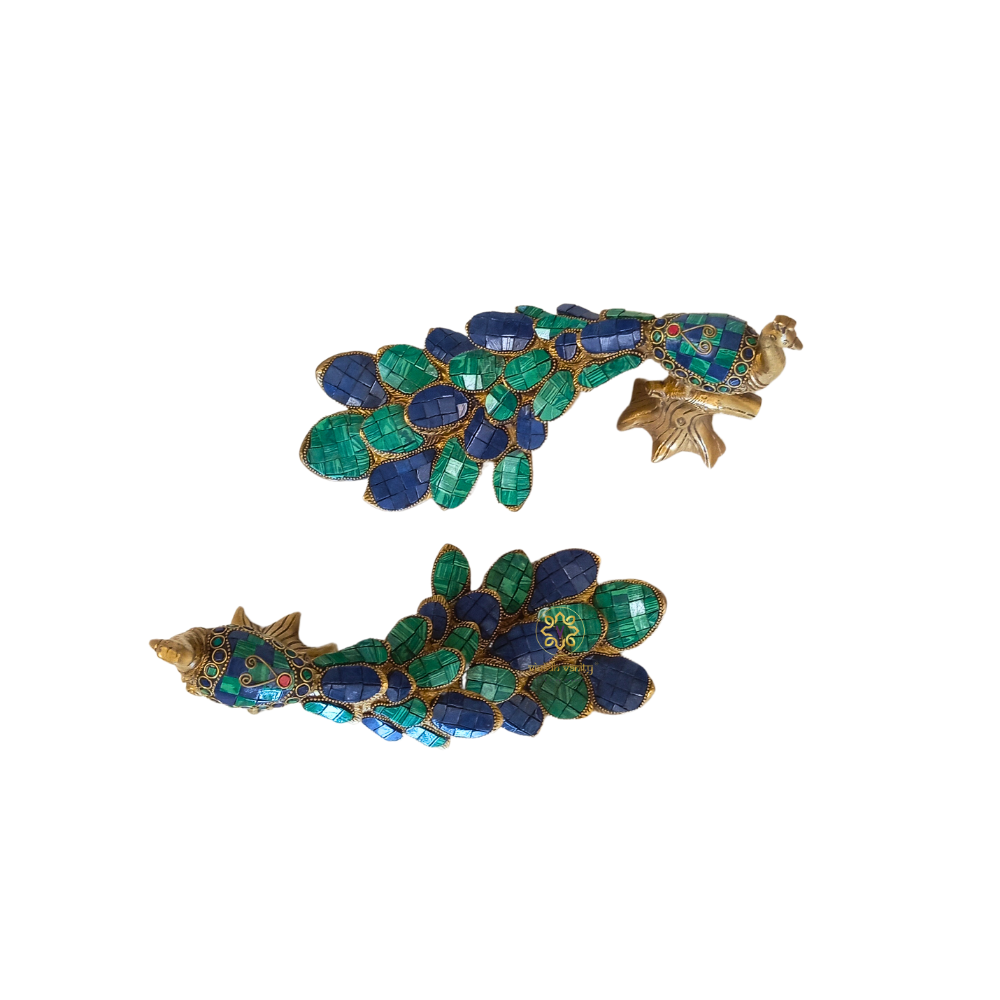 Vaikuntha Mayur – Majestic Pair of Pure Brass Peacocks with Malachite Stone Work – Brass | Diwali Gifting | Home Decor | Housewarming Gift | Corporate Gifting