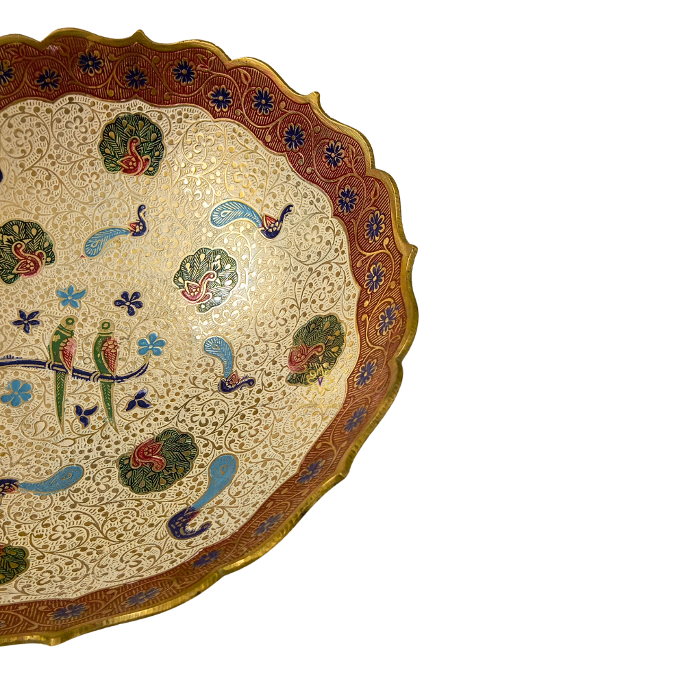 ShwetMeenakshi Bowl – Brass Pedestal Bowl with White Meenakari & Peacock Motifs – Brass | Diwali Gifting | Home Decor | Housewarming Gift | Corporate Gifting