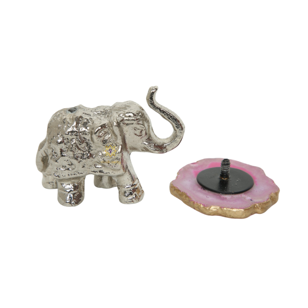 Glimmer Tusks - Silver Finish Metal Elephant Candle Holder Set of 4 with Agate base – Dining Table Use | Housewarming Gifting | Home DecorHolder Set of 4 with Agate base