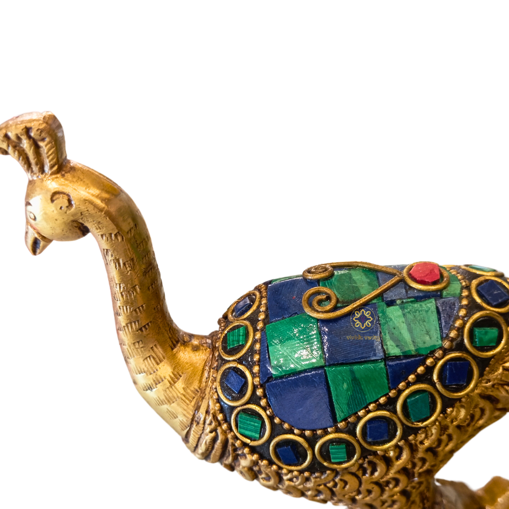 Vaikuntha Mayur – Majestic Pair of Pure Brass Peacocks with Malachite Stone Work – Brass | Diwali Gifting | Home Decor | Housewarming Gift | Corporate Gifting