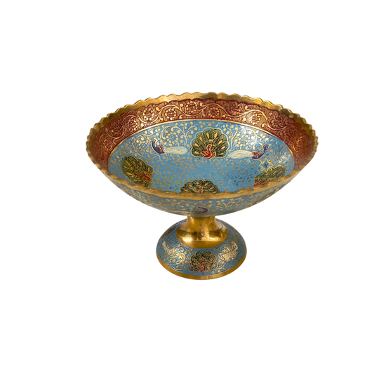 AmbarMor Bowl β Brass Pedestal Bowl with Sky Blue Meenakari & Peacock Motifs β Brass | Diwali Gifting | Home Decor | Housewarming Gift | Corporate Gifting
