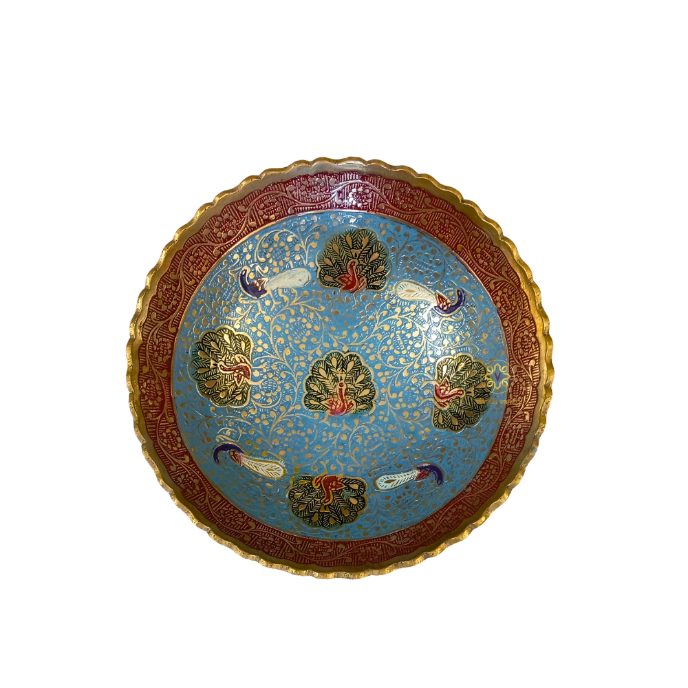 AmbarMor Bowl – Brass Pedestal Bowl with Sky Blue Meenakari & Peacock Motifs – Brass | Diwali Gifting | Home Decor | Housewarming Gift | Corporate Gifting