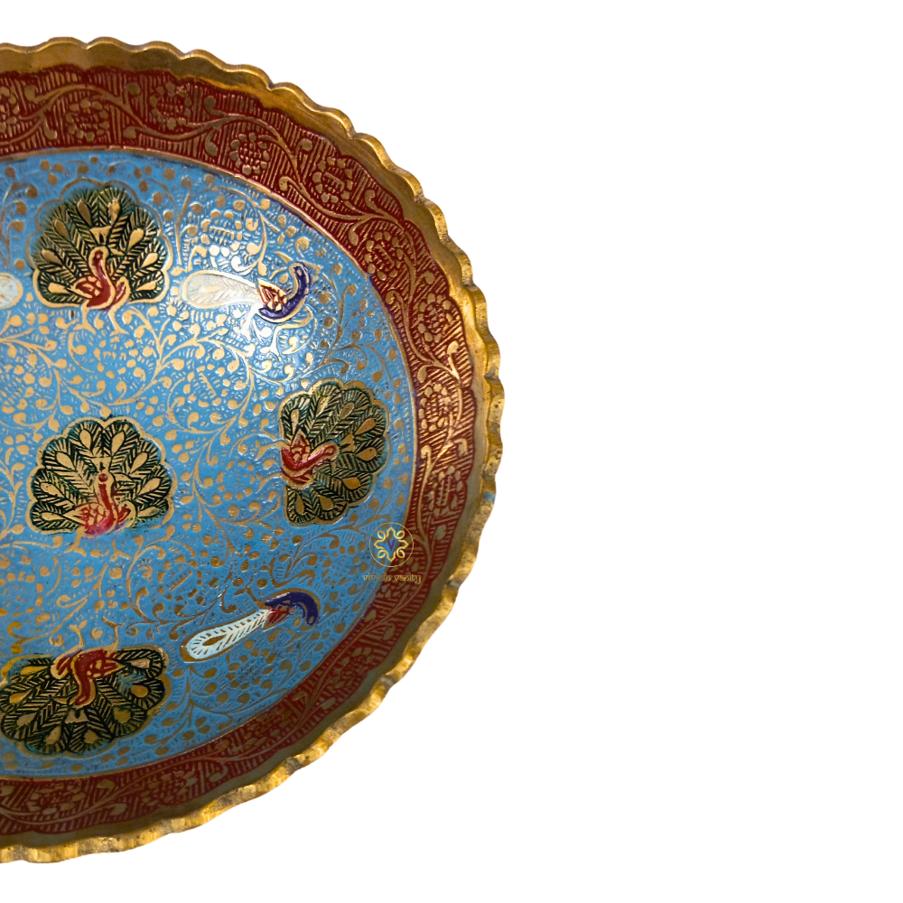 AmbarMor Bowl – Brass Pedestal Bowl with Sky Blue Meenakari & Peacock Motifs – Brass | Diwali Gifting | Home Decor | Housewarming Gift | Corporate Gifting