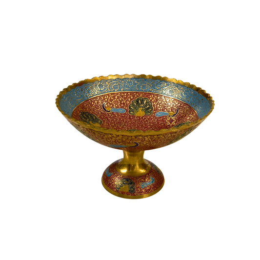 MorRaga Bowl – Brass Pedestal Bowl with Red & Blue Meenakari & Peacock Motifs – Brass | Diwali Gifting | Home Decor | Housewarming Gift | Wedding Gift