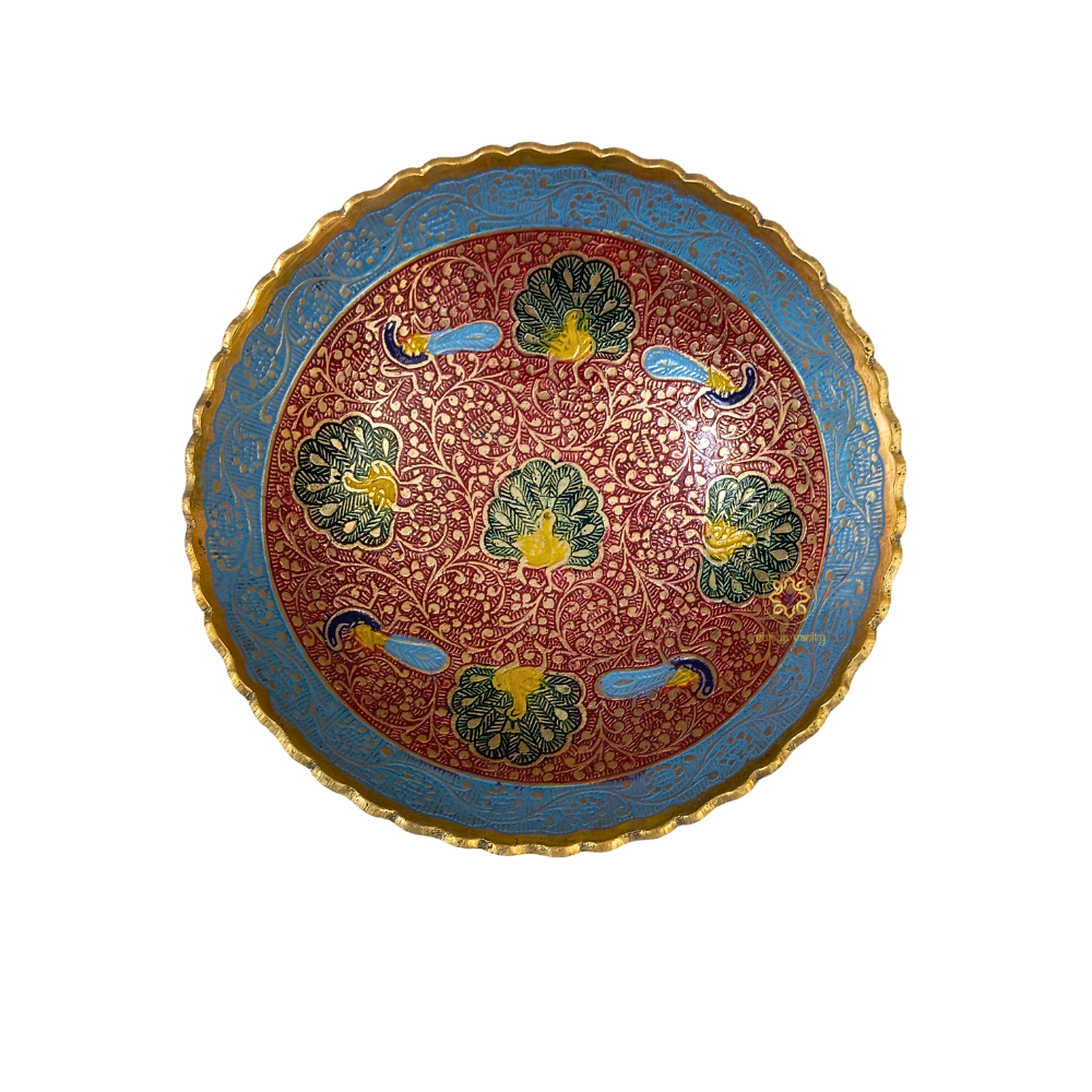 MorRaga Bowl – Brass Pedestal Bowl with Red & Blue Meenakari & Peacock Motifs – Brass | Diwali Gifting | Home Decor | Housewarming Gift | Wedding Gift