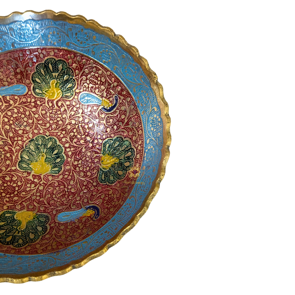 MorRaga Bowl – Brass Pedestal Bowl with Red & Blue Meenakari & Peacock Motifs – Brass | Diwali Gifting | Home Decor | Housewarming Gift | Wedding Gift