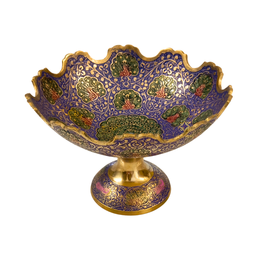 Nilambari Bowl – Brass Meenakari Pedestal Bowl with Peacock Motifs & Wavy Rim – Brass | Diwali Gifting | Home Decor | Housewarming Gift | Wedding Gift