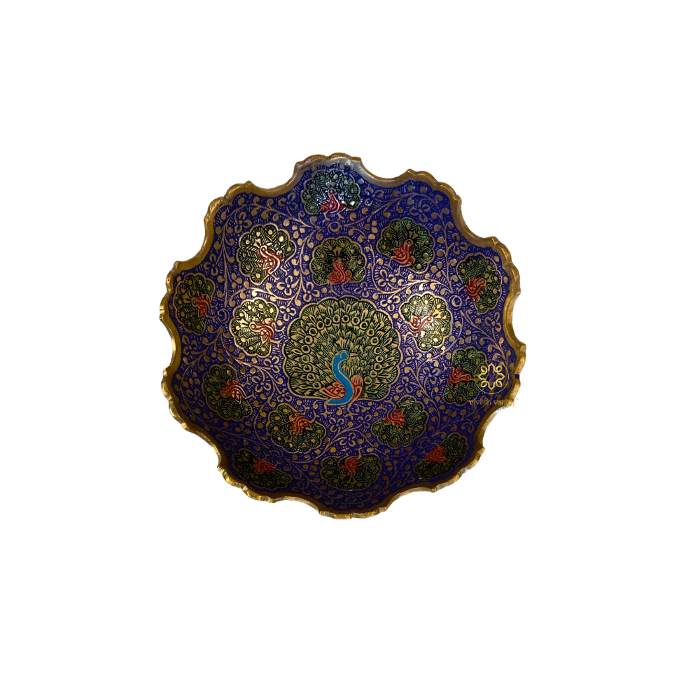 Nilambari Bowl – Brass Meenakari Pedestal Bowl with Peacock Motifs & Wavy Rim – Brass | Diwali Gifting | Home Decor | Housewarming Gift | Wedding Gift