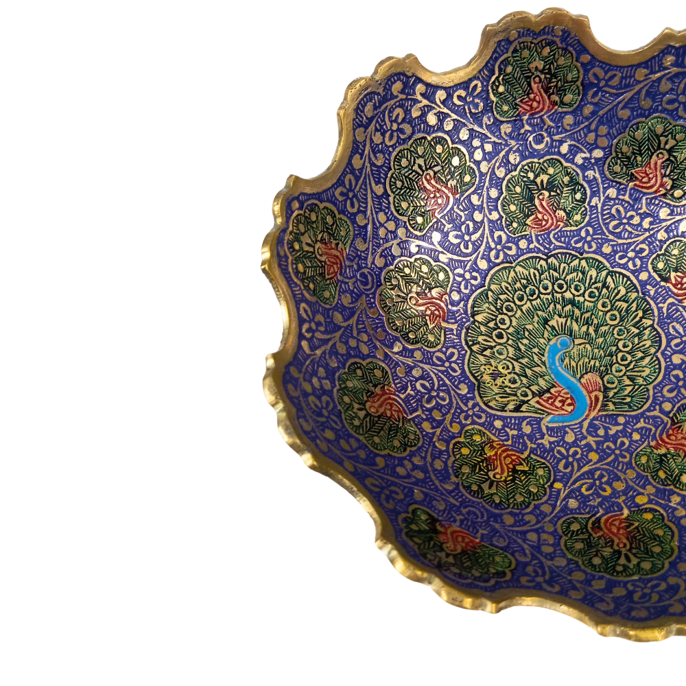 Nilambari Bowl – Brass Meenakari Pedestal Bowl with Peacock Motifs & Wavy Rim – Brass | Diwali Gifting | Home Decor | Housewarming Gift | Wedding Gift