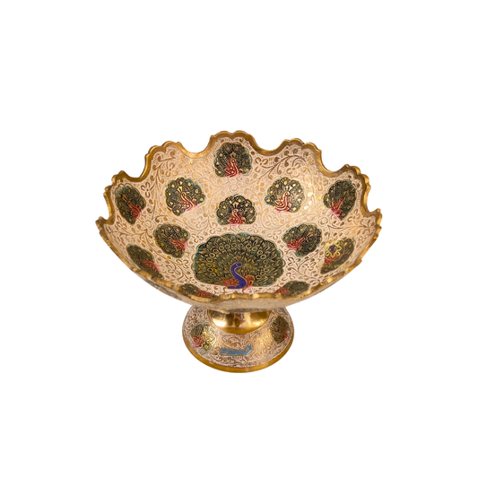 MorDhara Bowl – Brass Meenakari Pedestal Bowl in White with Wavy Rim & Peacock Motifs – Brass | Diwali Gifting | Home Decor | Housewarming Gift | Wedding Gift