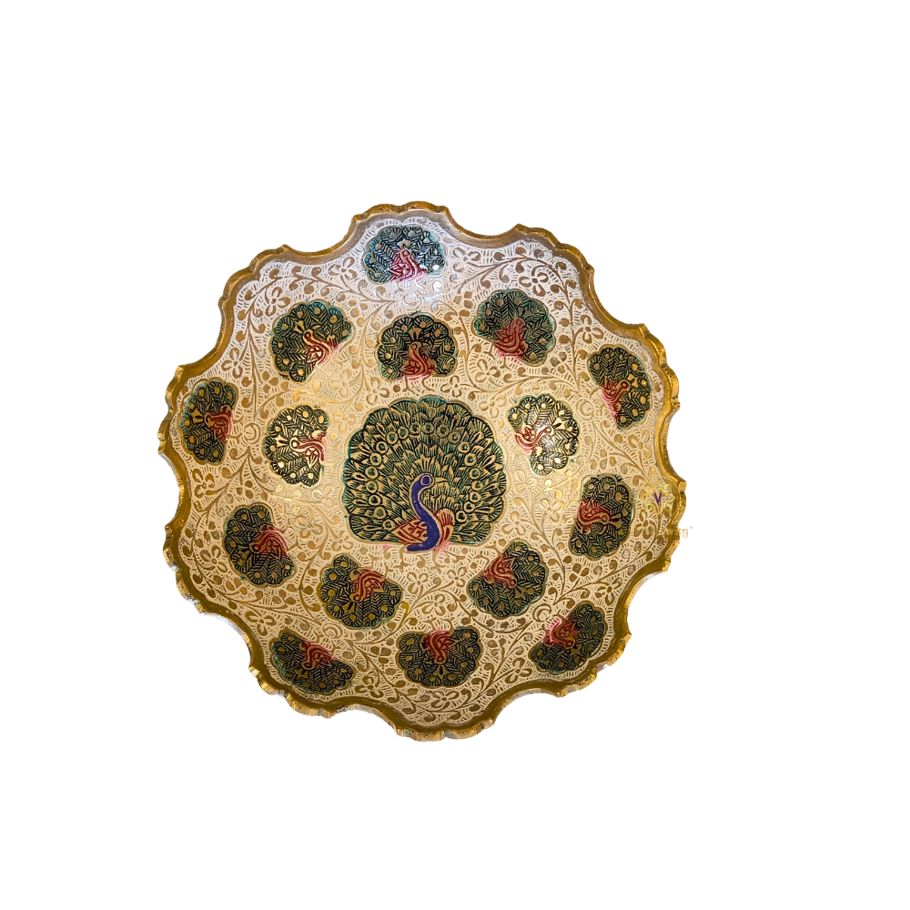 MorDhara Bowl β Brass Meenakari Pedestal Bowl in White with Wavy Rim & Peacock Motifs β Brass | Diwali Gifting | Home Decor | Housewarming Gift | Wedding Gift