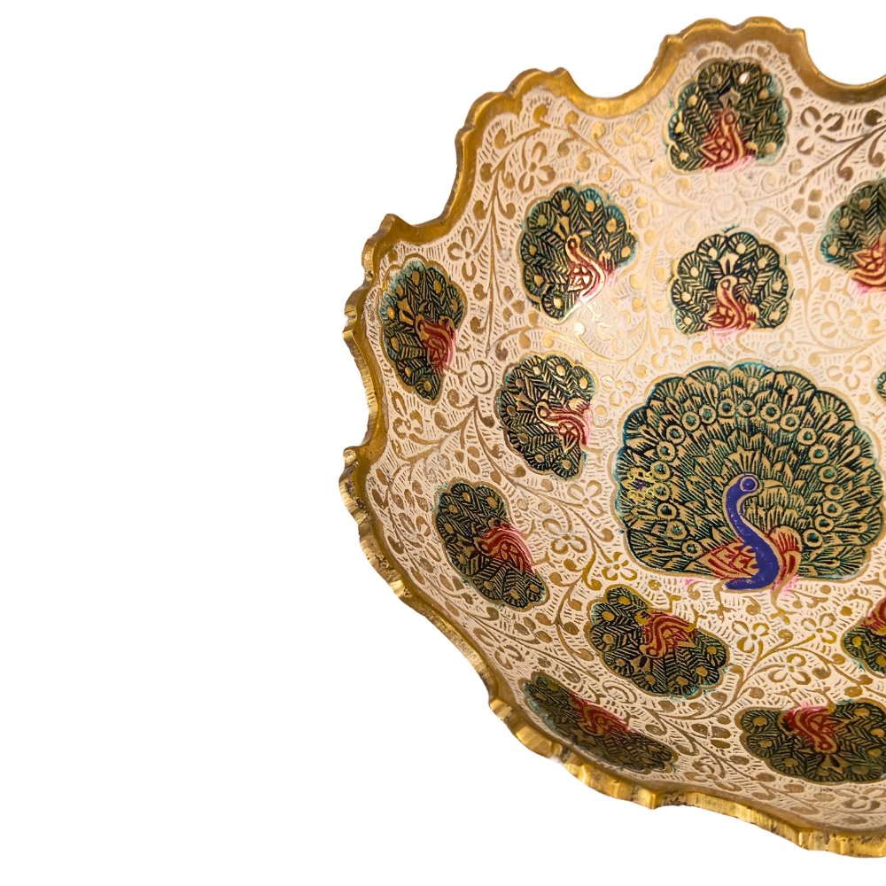 MorDhara Bowl β Brass Meenakari Pedestal Bowl in White with Wavy Rim & Peacock Motifs β Brass | Diwali Gifting | Home Decor | Housewarming Gift | Wedding Gift