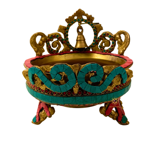 NrityaMandala Urli – Brass Urli with Stone Work & Bell Arch – Brass | Diwali Gifting | Home Decor | Housewarming Gift | Corporate Gifting