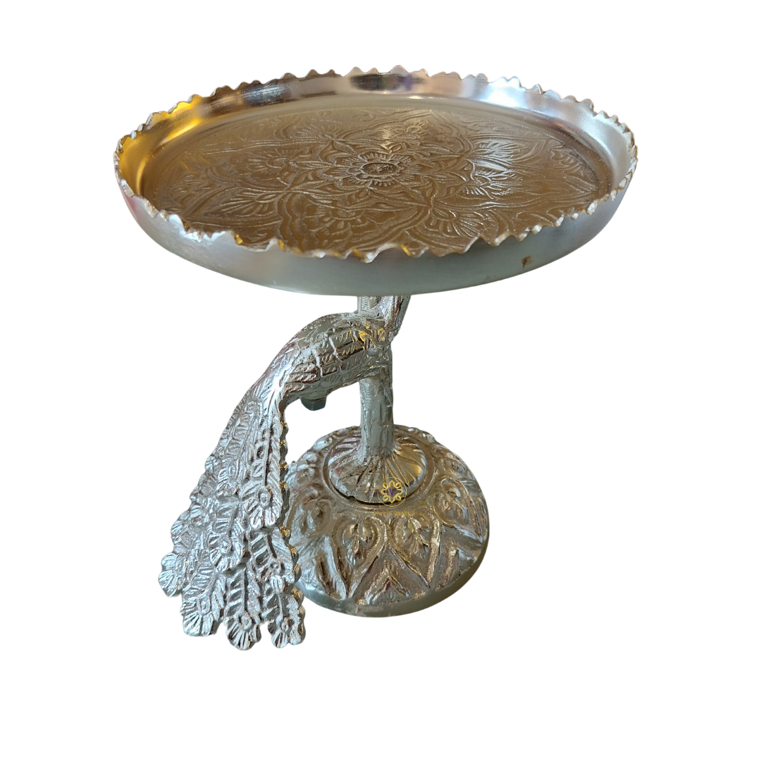 Imperial Peacock Platter β Silver-Finish Stand with Ornate Detailing for Cakes & Sweets β Dining Table Use | Diwali Gifting | Home Decor | Housewarming Gift | Wedding Gift