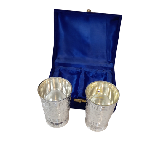 Arghya Duo – Silver Plated Brass Water Glass Set of 2 with Velvet Box – Brass | Diwali Gifting | Home Decor | Housewarming Gift | Corporate Gifting