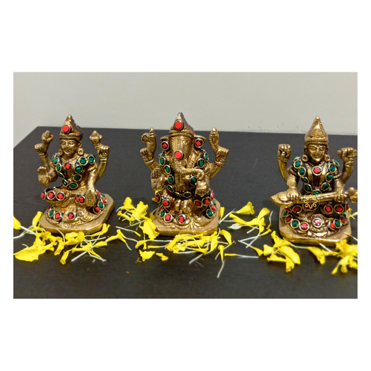 RatnaTriveni Sampatti Set – Brass Lakshmi Ganesh Saraswati Idol Set with Stone Embellishments – Brass | Pooja Decor | Wedding Gift | Home Decor | Housewarming Gift