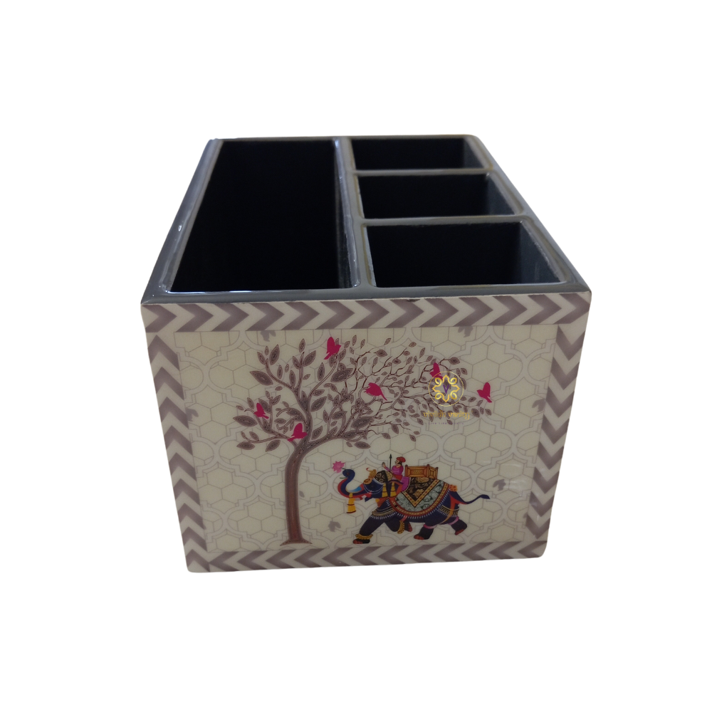 Raj Ivory Organiser β MDF Epoxy Coated Cutlery Stand with Elephant Design β Diwali Gifting | Home Decor | Housewarming Gift | Wedding Gift | Corporate Gifting