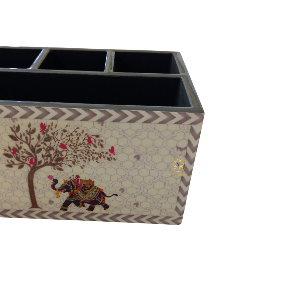 Raj Ivory Organiser β MDF Epoxy Coated Cutlery Stand with Elephant Design β Diwali Gifting | Home Decor | Housewarming Gift | Wedding Gift | Corporate Gifting