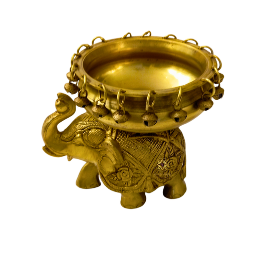 DivyaGaja Urli – Brass Handcarved Elephant Urli with Ghungroo Bells – Brass | Diwali Gifting | Home Decor | Housewarming Gift | Corporate Gifting