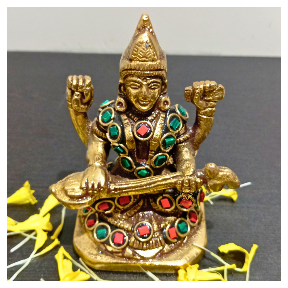 RatnaTriveni Sampatti Set – Brass Lakshmi Ganesh Saraswati Idol Set with Stone Embellishments – Brass | Pooja Decor | Wedding Gift | Home Decor | Housewarming Gift