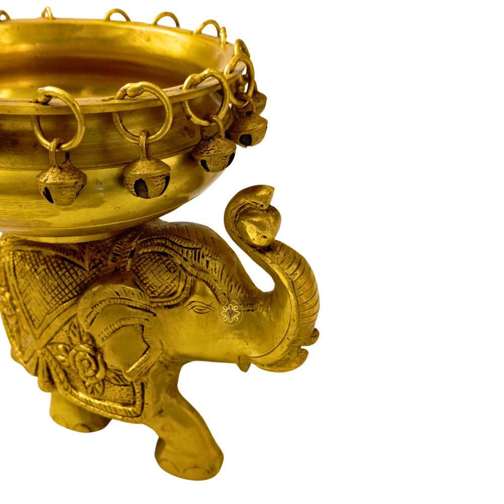 DivyaGaja Urli – Brass Handcarved Elephant Urli with Ghungroo Bells – Brass | Diwali Gifting | Home Decor | Housewarming Gift | Corporate Gifting