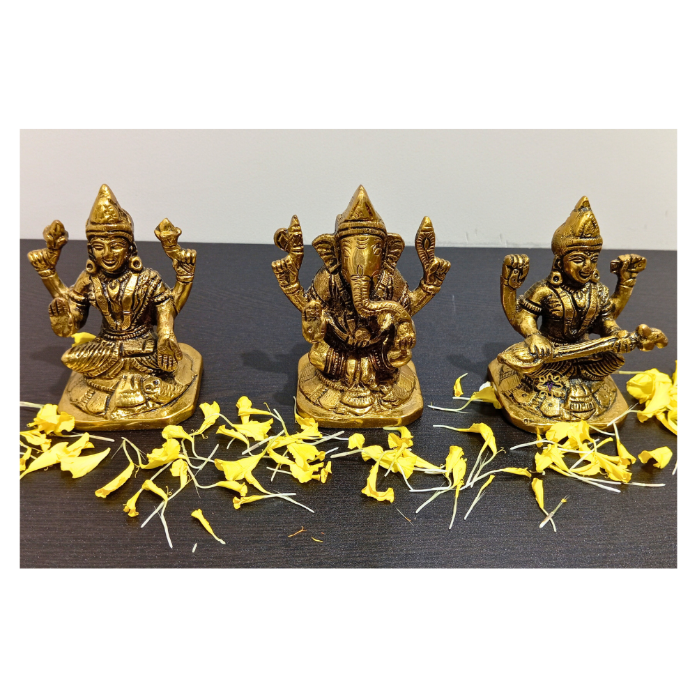 Triveni Sampatti Set – Brass Idol Trio of Lakshmi, Ganesha & Saraswati in Antique Finish – Brass | Pooja Decor | Wedding Gift | Home Decor | Housewarming Gift