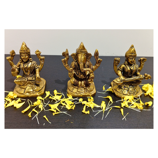 Triveni Sampatti Set – Brass Idol Trio of Lakshmi, Ganesha & Saraswati in Antique Finish – Brass | Pooja Decor | Wedding Gift | Home Decor | Housewarming Gift