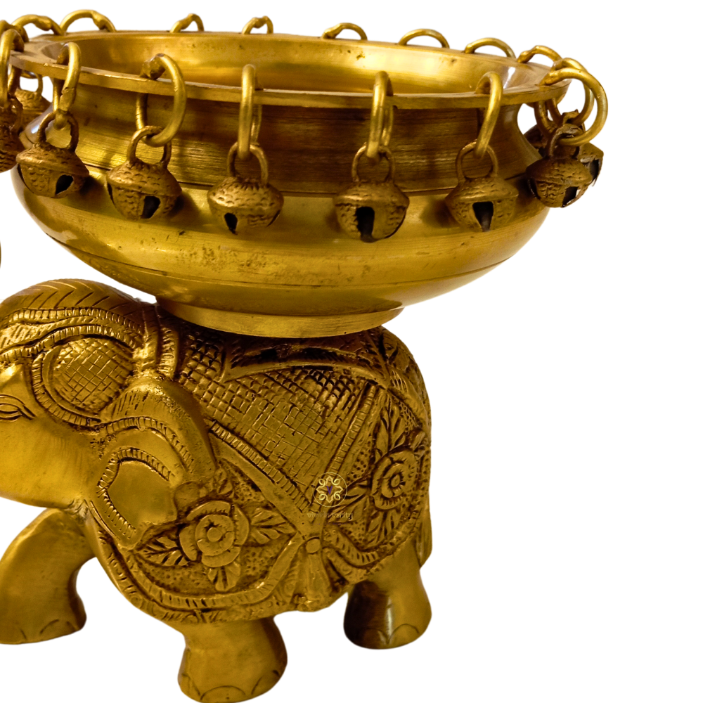 DivyaGaja Urli – Brass Handcarved Elephant Urli with Ghungroo Bells – Brass | Diwali Gifting | Home Decor | Housewarming Gift | Corporate Gifting